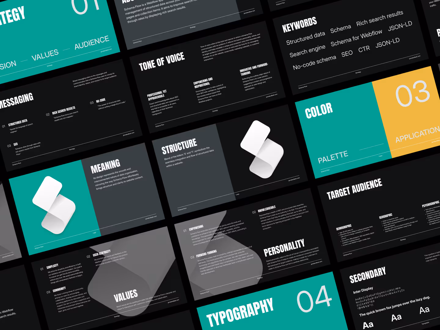 Schema Flow dark branding kit - Webflow app for management and creation of structured data.